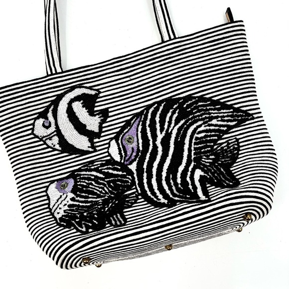 Eric Javits Striped Beaded Tripical Fish Straw Bag - Picture 1 of 10